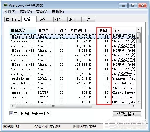Win7系统下任务管理器怎么查看进程的线程数?